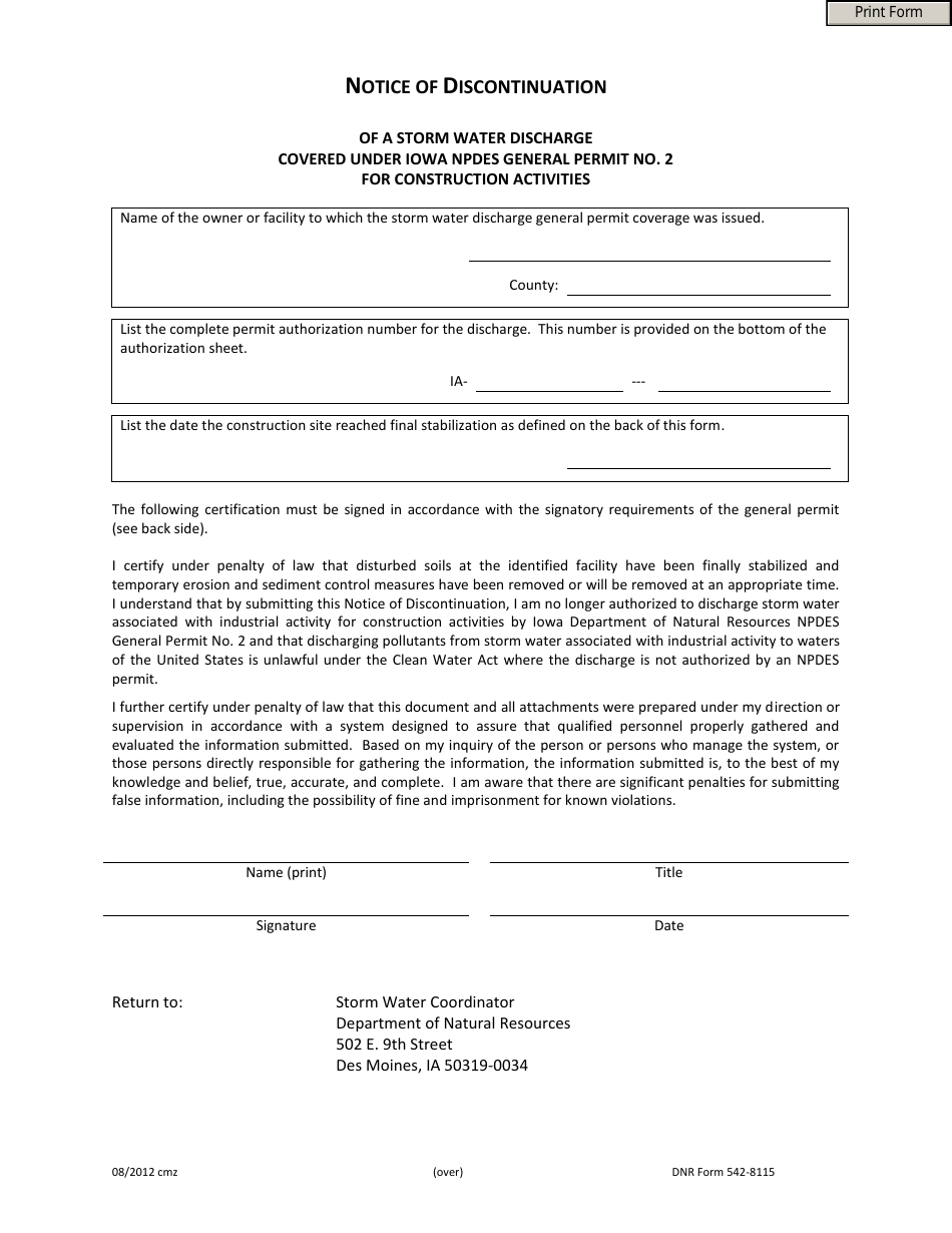 DNR Form 542-8115 Notice of Discontinuation of a Storm Water Discharge Covered Under Iowa Npdes General Permit No. 2 for Construction Activities - Iowa, Page 1