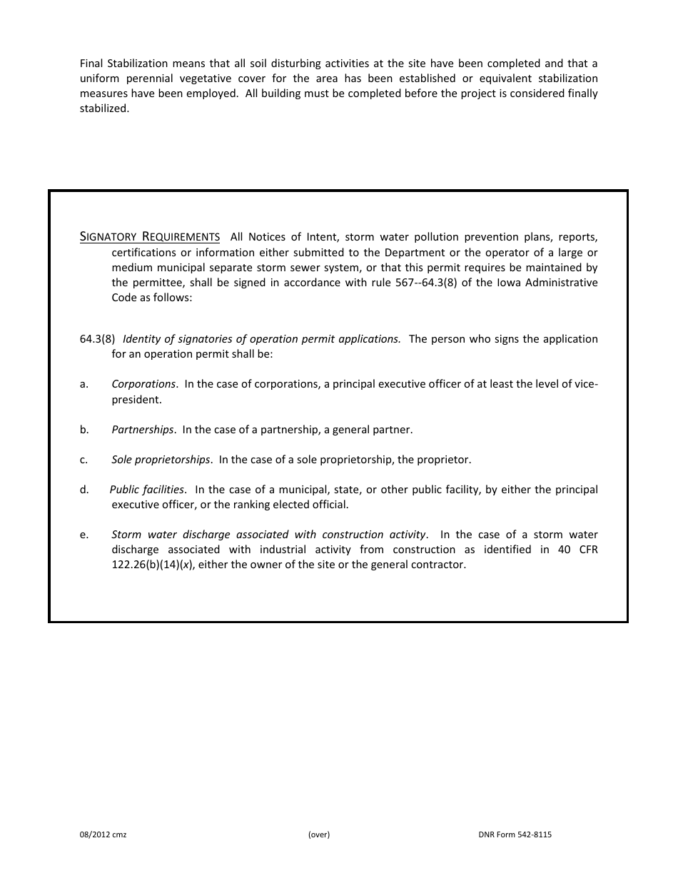 DNR Form 542-8115 Notice of Discontinuation of a Storm Water Discharge Covered Under Iowa Npdes General Permit No. 2 for Construction Activities - Iowa, Page 2