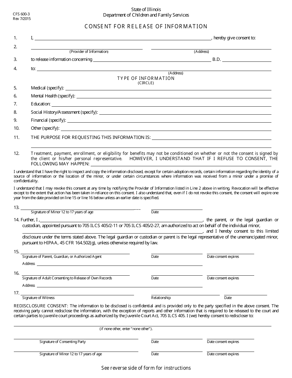 Form CFS600-3 Consent for Release of Information - Illinois, Page 1