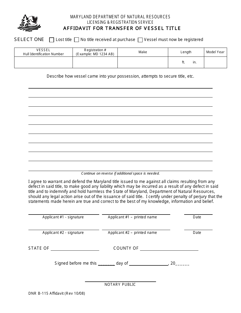 DNR Form B-115 Affidavit for Transfer of Vessel Title - Maryland, Page 1