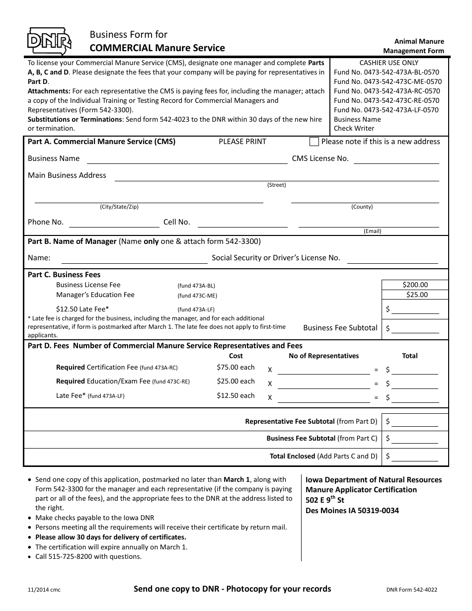 DNR Form 542-4022 Business Form for Commercial Manure Service - Iowa, Page 1