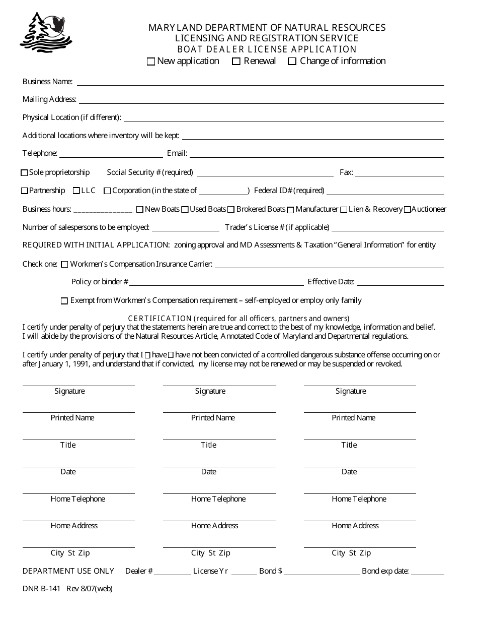 DNR Form B-141 Application for Boat Dealer License/Boat Show Exhibitor Registration - Maryland, Page 1