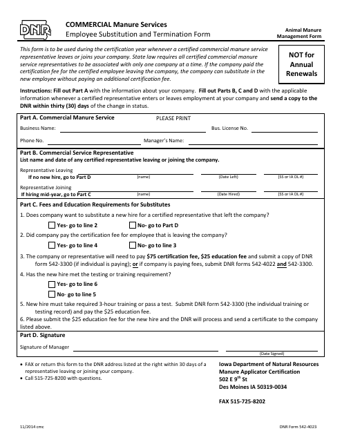 DNR Form 542-4023 Commercial Manure Services Employee Substitution and Termination Form - Iowa