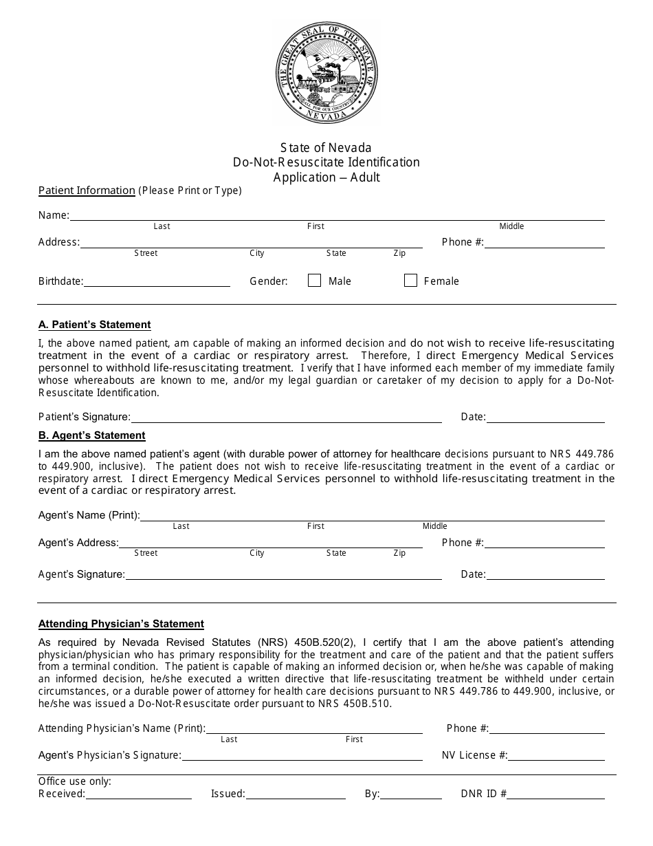Do-Not-Resuscitate Identification Application  Adult - Nevada, Page 1