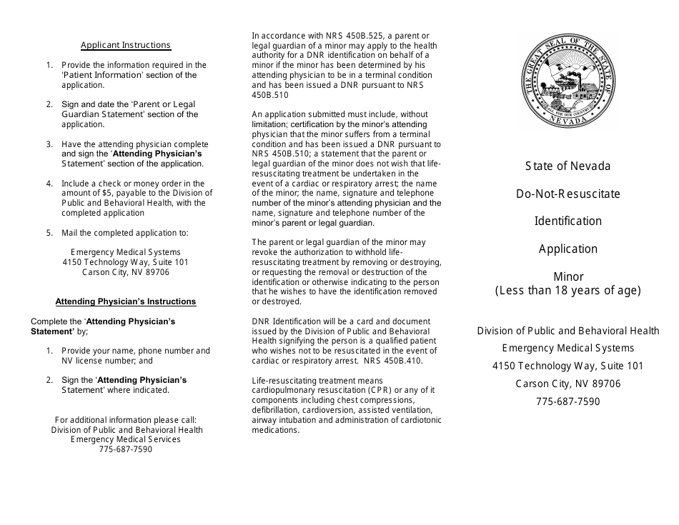 Nevada Do-Not-Resuscitate Identification Application - Minor - Fill Out ...