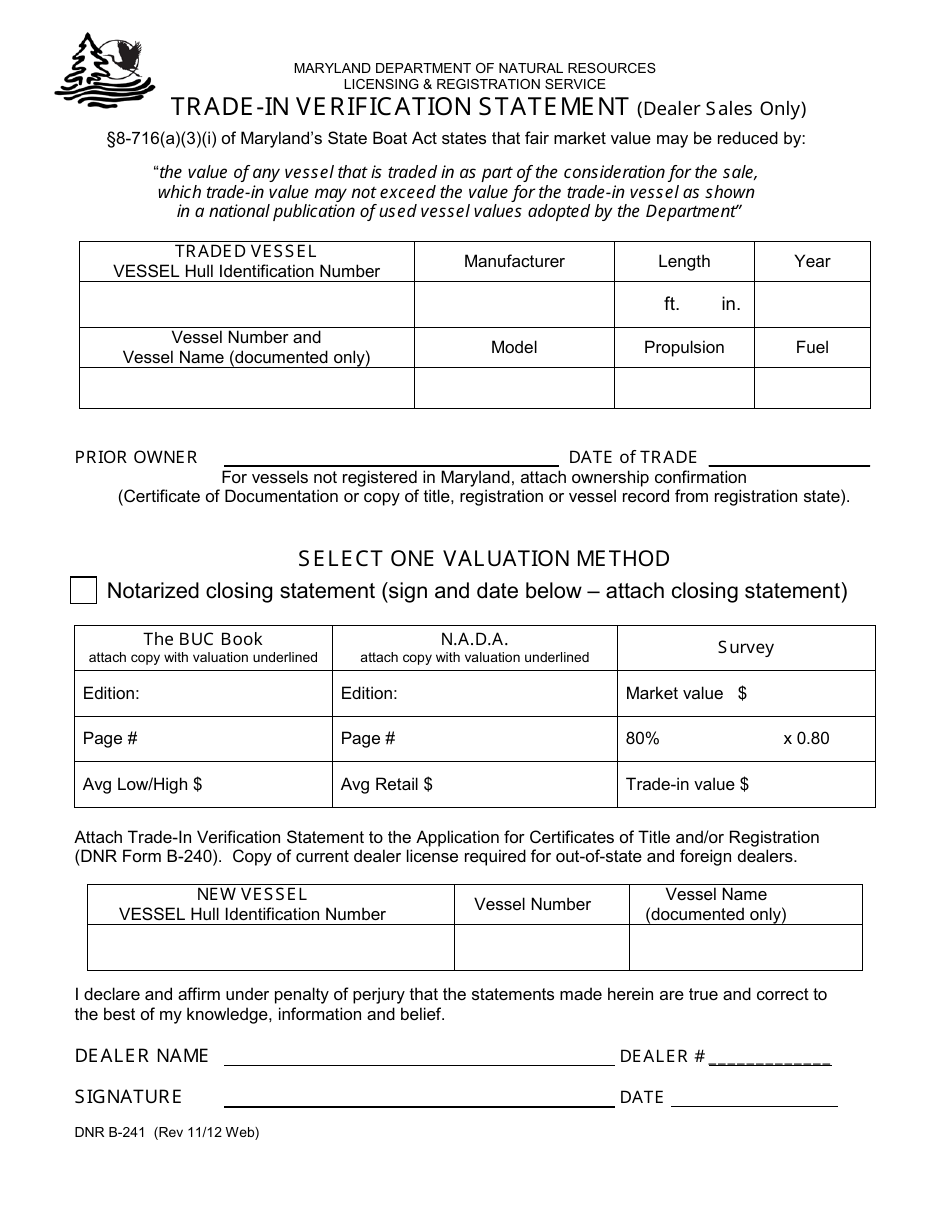 DNR Form B-241 Trade-In Verification Statement (Dealer Sales Only) - Maryland, Page 1