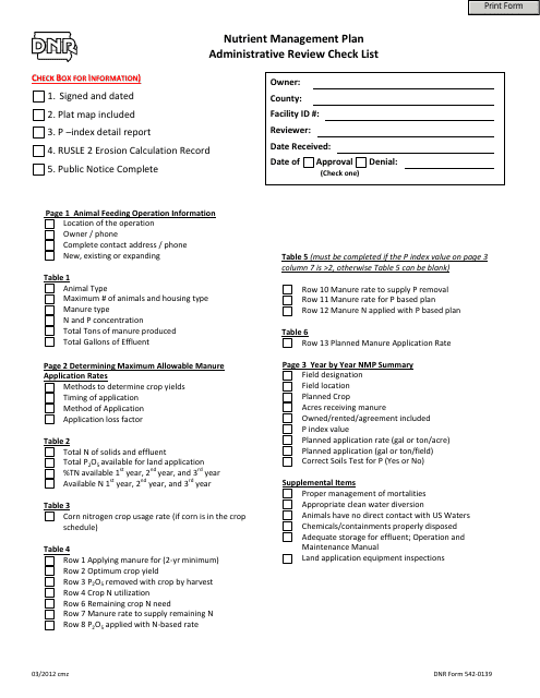 DNR Form 542-0139 Nutrient Management Plan Administrative Review Checklist - Iowa