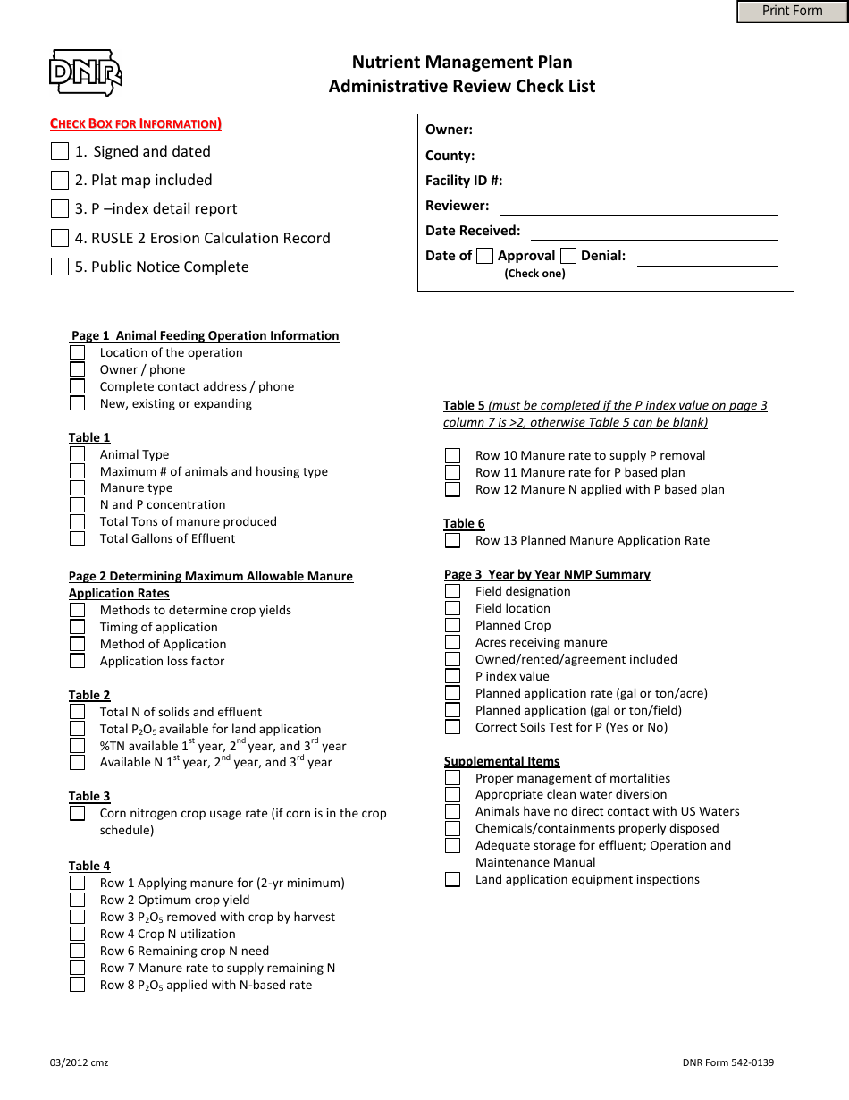 DNR Form 542-0139 Nutrient Management Plan Administrative Review Checklist - Iowa, Page 1