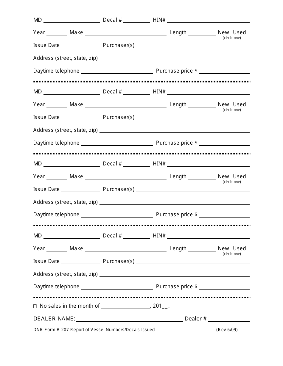 DNR Form B-207 Report of Vessel Numbers/Decals Issued - Maryland, Page 1
