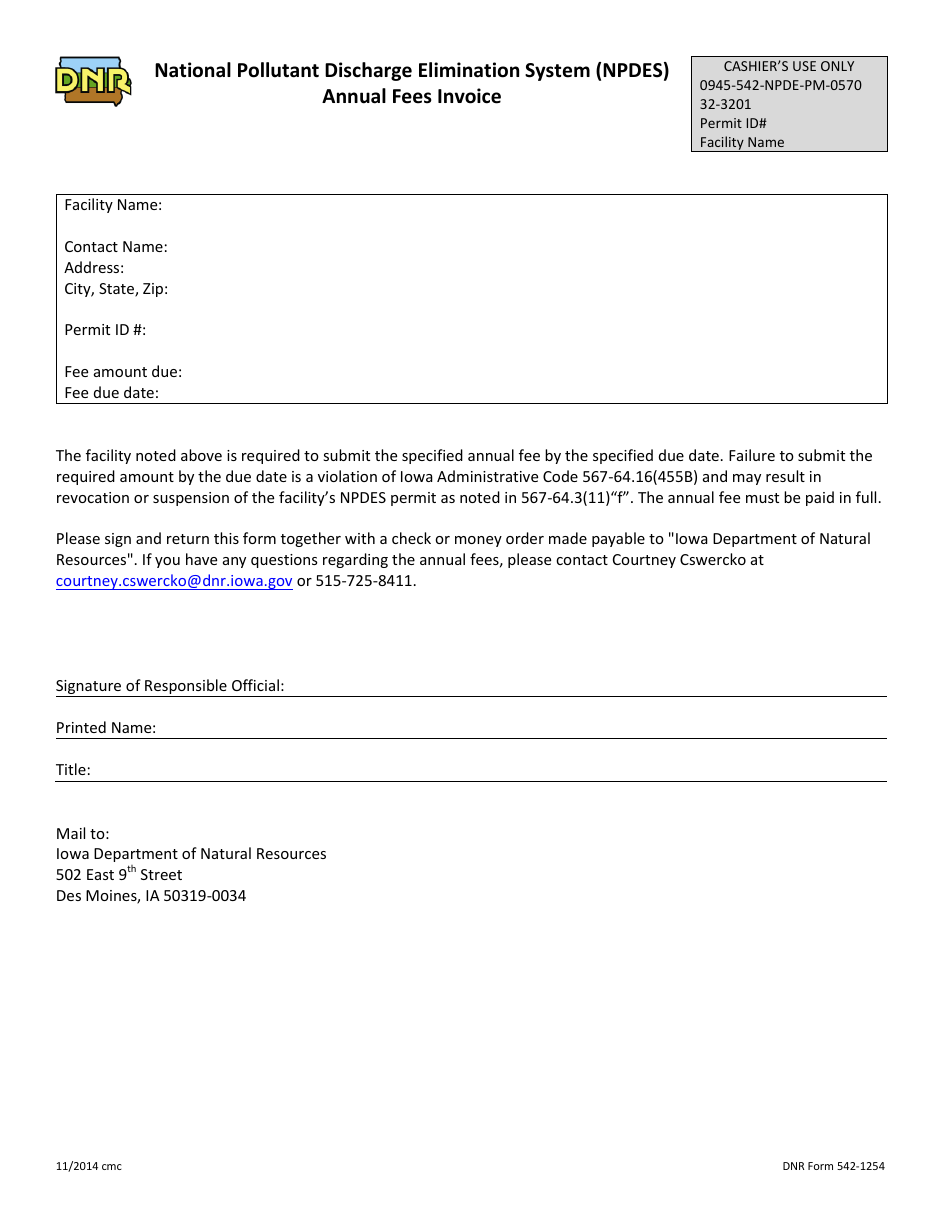 DNR Form 542-1254 National Pollutant Discharge Elimination System (Npdes) Annual Fees Invoice - Iowa, Page 1