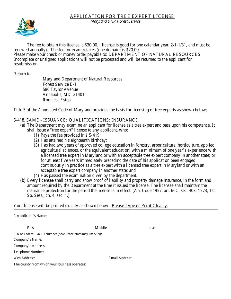 Maryland Application for Tree Expert License Fill Out, Sign Online and Download PDF