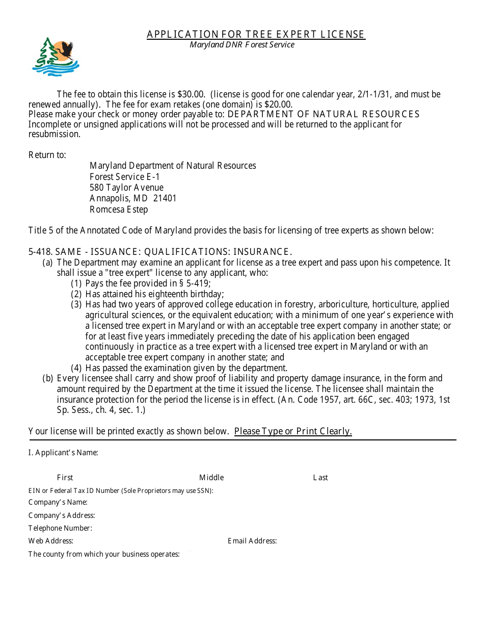 Application for Tree Expert License - Maryland, Page 1