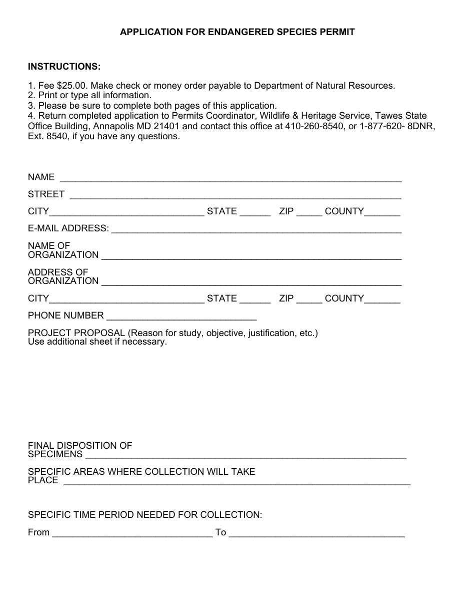 Form DNR / FPWS-62 Application for Endangered Species Permit - Maryland, Page 1