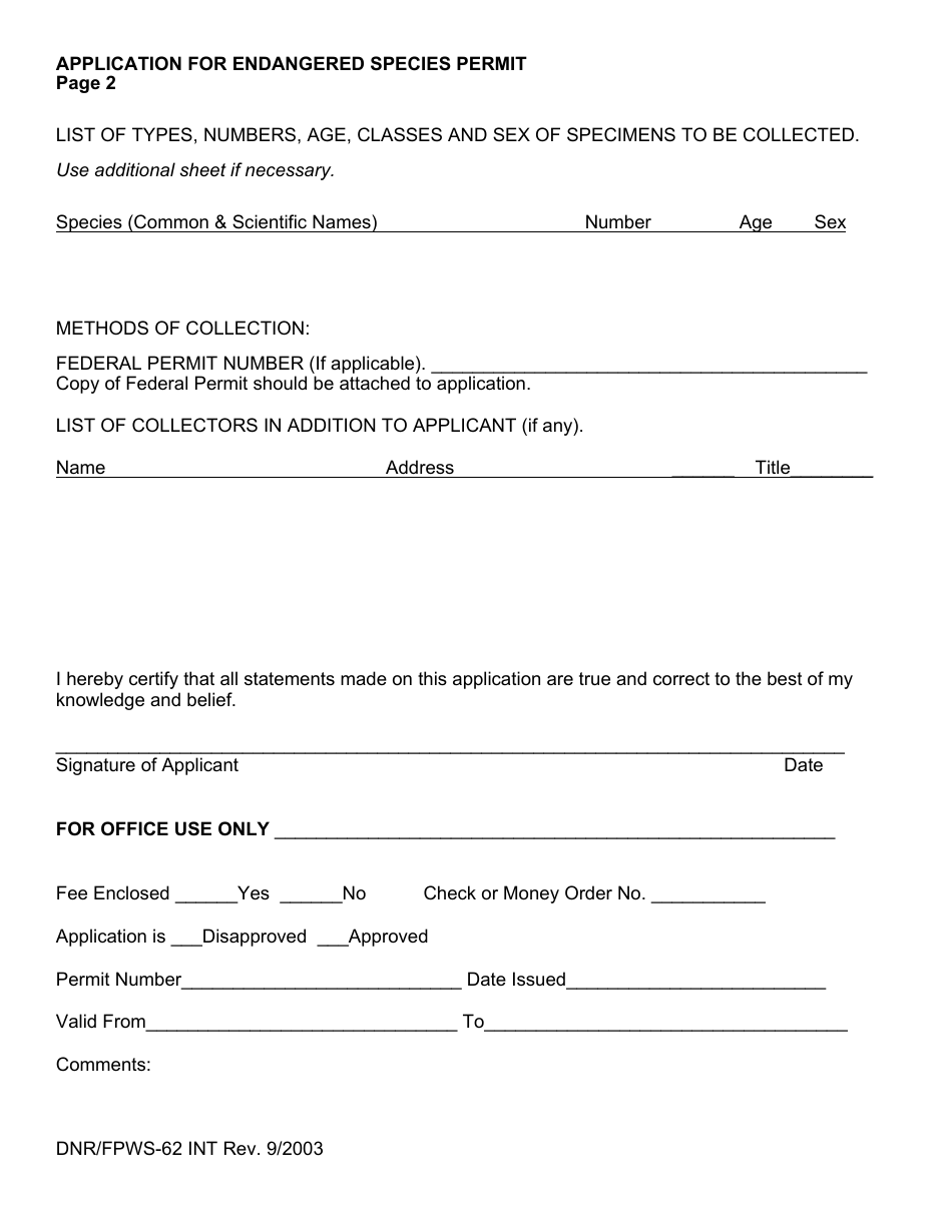 Form DNR / FPWS-62 Application for Endangered Species Permit - Maryland, Page 2