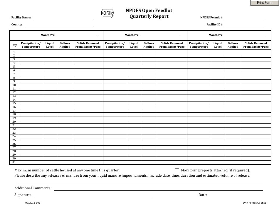 DNR Form 542-1551 Npdes Open Feedlot Quarterly Report - Iowa, Page 1