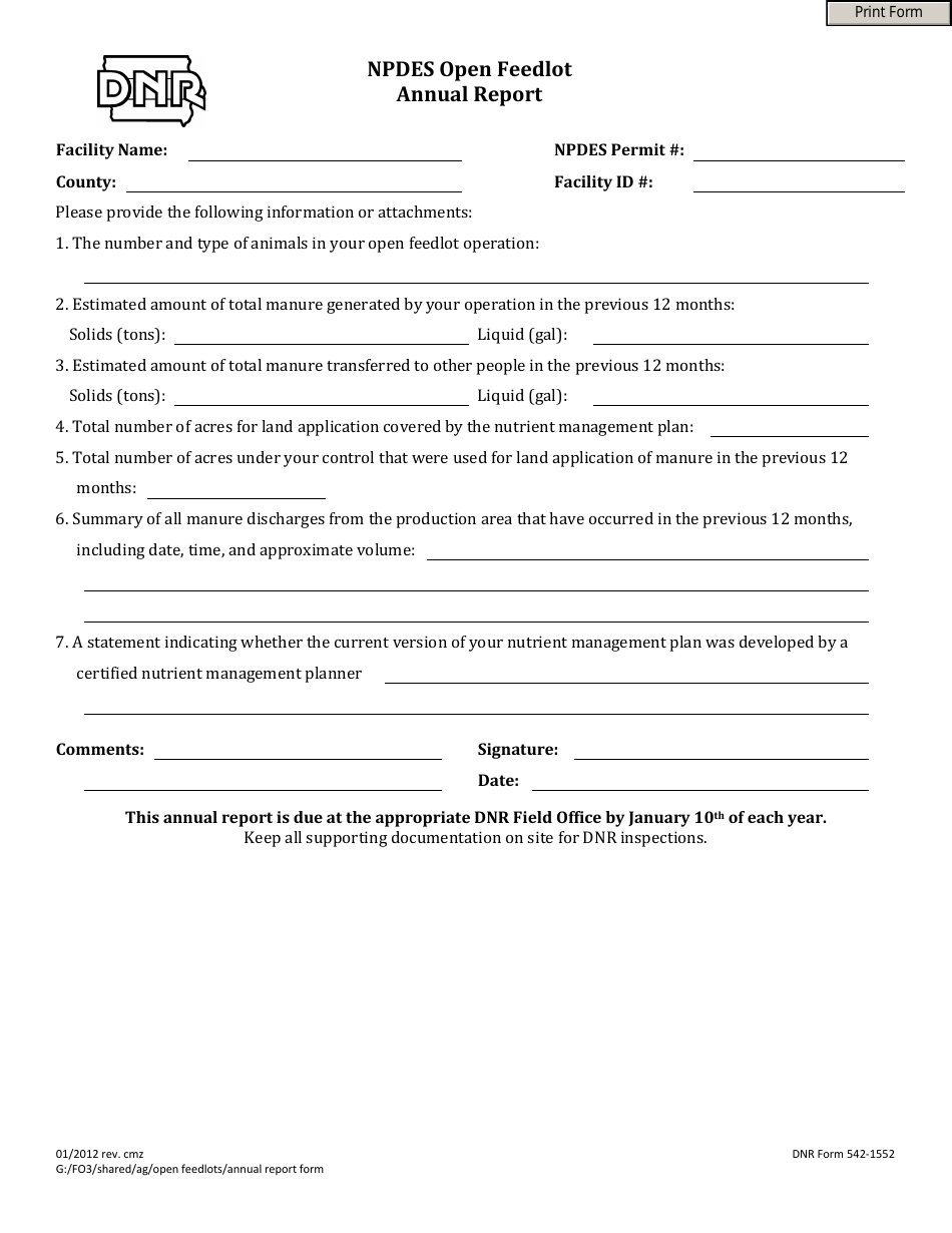 DNR Form 542-1552 Npdes Open Feedlot Annual Report - Iowa, Page 1