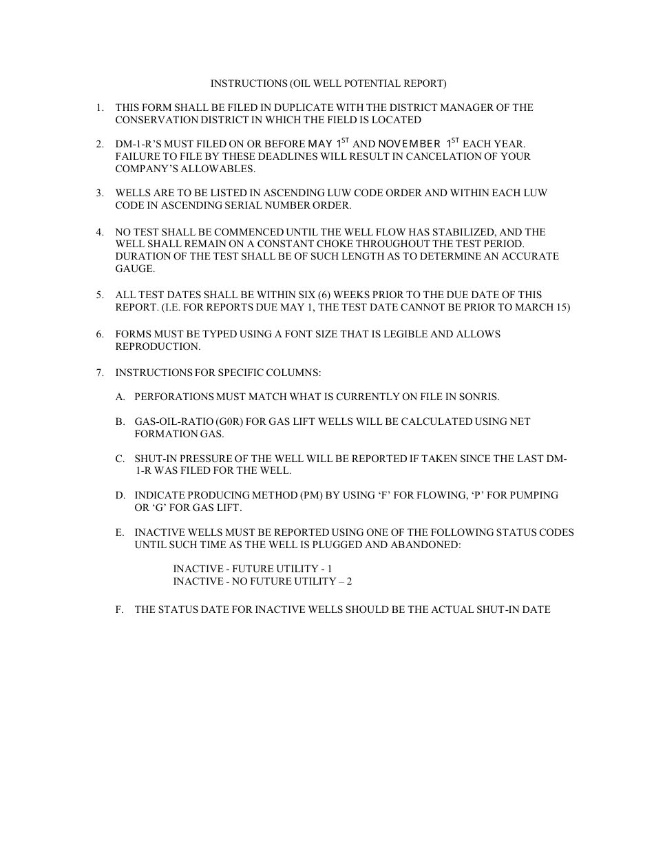 Instructions for Form DM1 R Oil Well Potential Report - Louisiana, Page 1