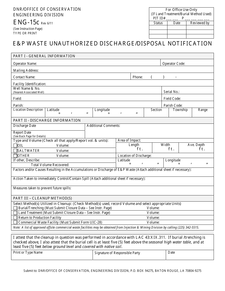 Form ENG-15C Ep Waste Unauthorized Discharge / Disposal Notification - Louisiana, Page 1