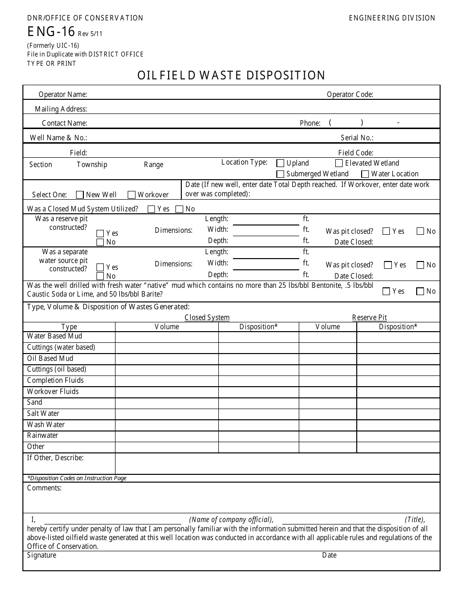 Form ENG-16 Oilfield Waste Disposition - Louisiana, Page 1