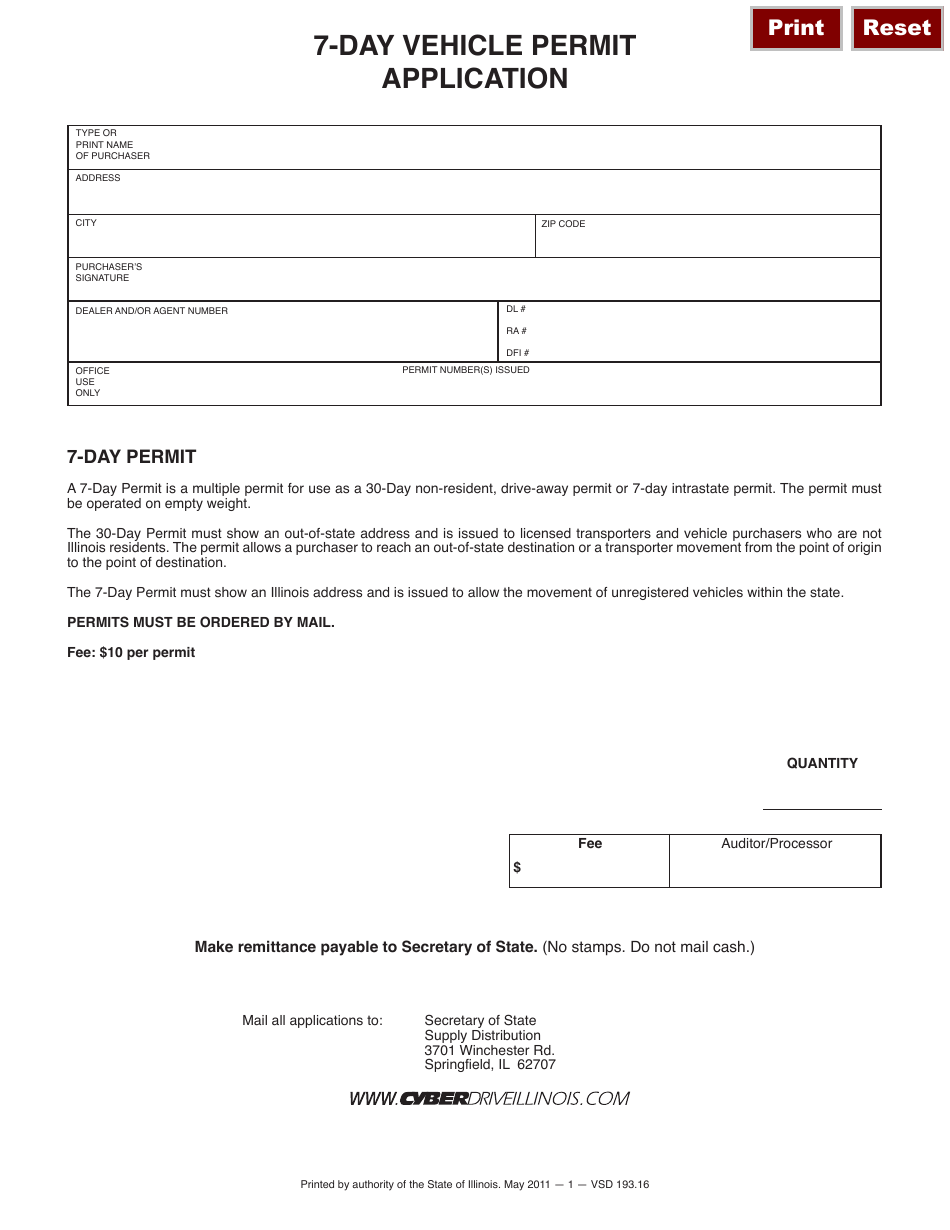 Form VSD193.16 7-day Vehicle Permit Application - Illinois, Page 1