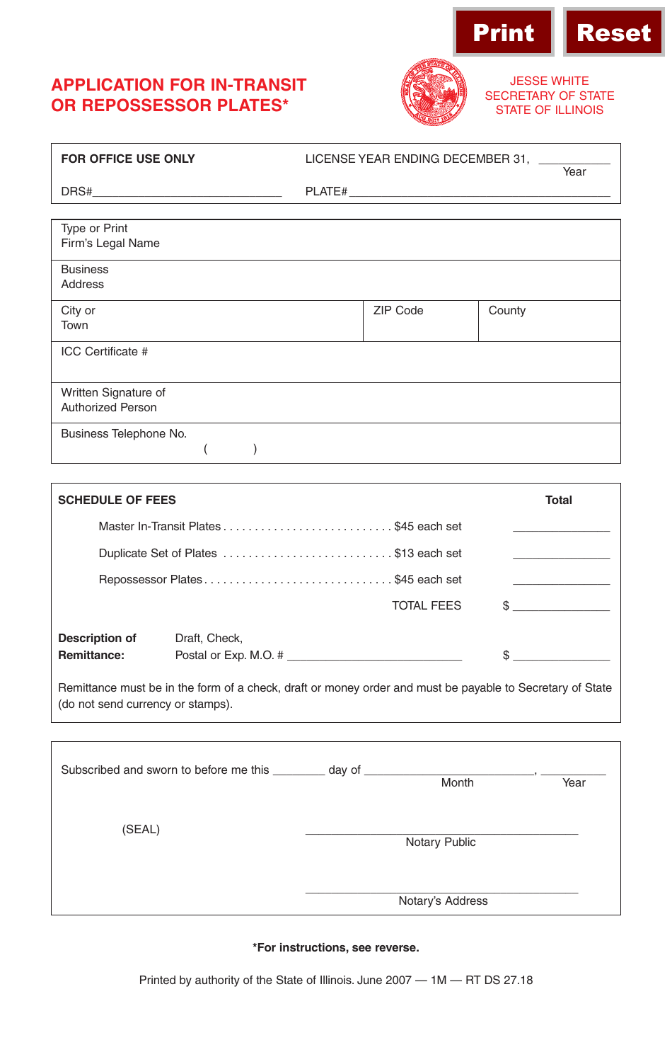 Form RT DS27 Application for in-Transit or Repossessor Plates - Illinois, Page 1