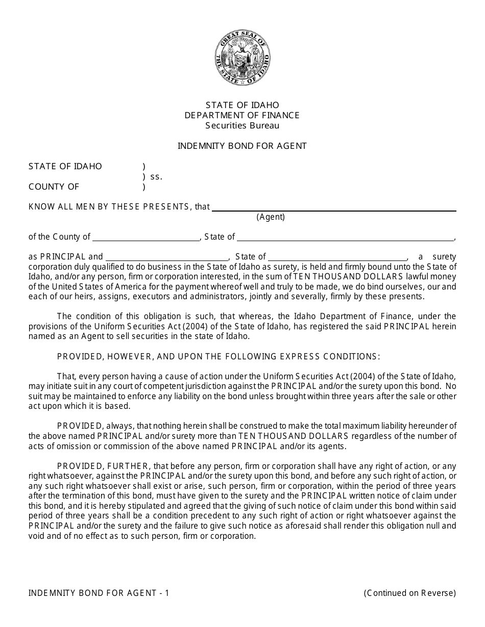 Indemnity Bond for Agent - Idaho, Page 1