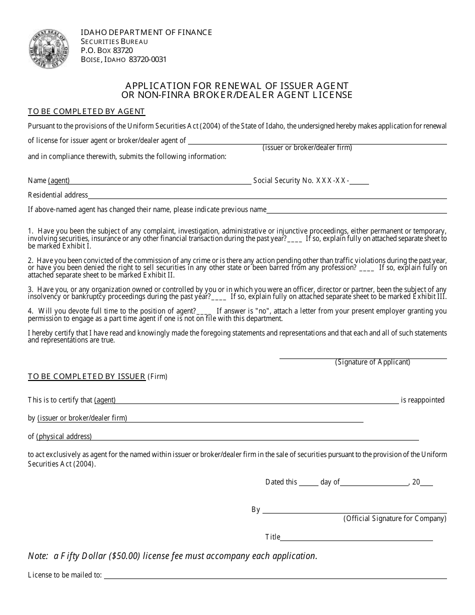Application for Renewal of Issuer Agent or Non-FiNRA Broker / Dealer Agent License - Idaho, Page 1