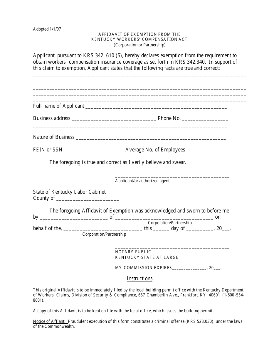 Affidavit of Exemption From the Kentucky Workers Compensation Act (Corporation or Partnership) - Kentucky, Page 1