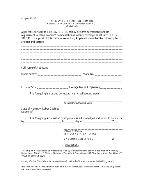 Affidavit of Exemption From the Kentucky Workers' Compensation Act (Individual) - Kentucky Download Pdf