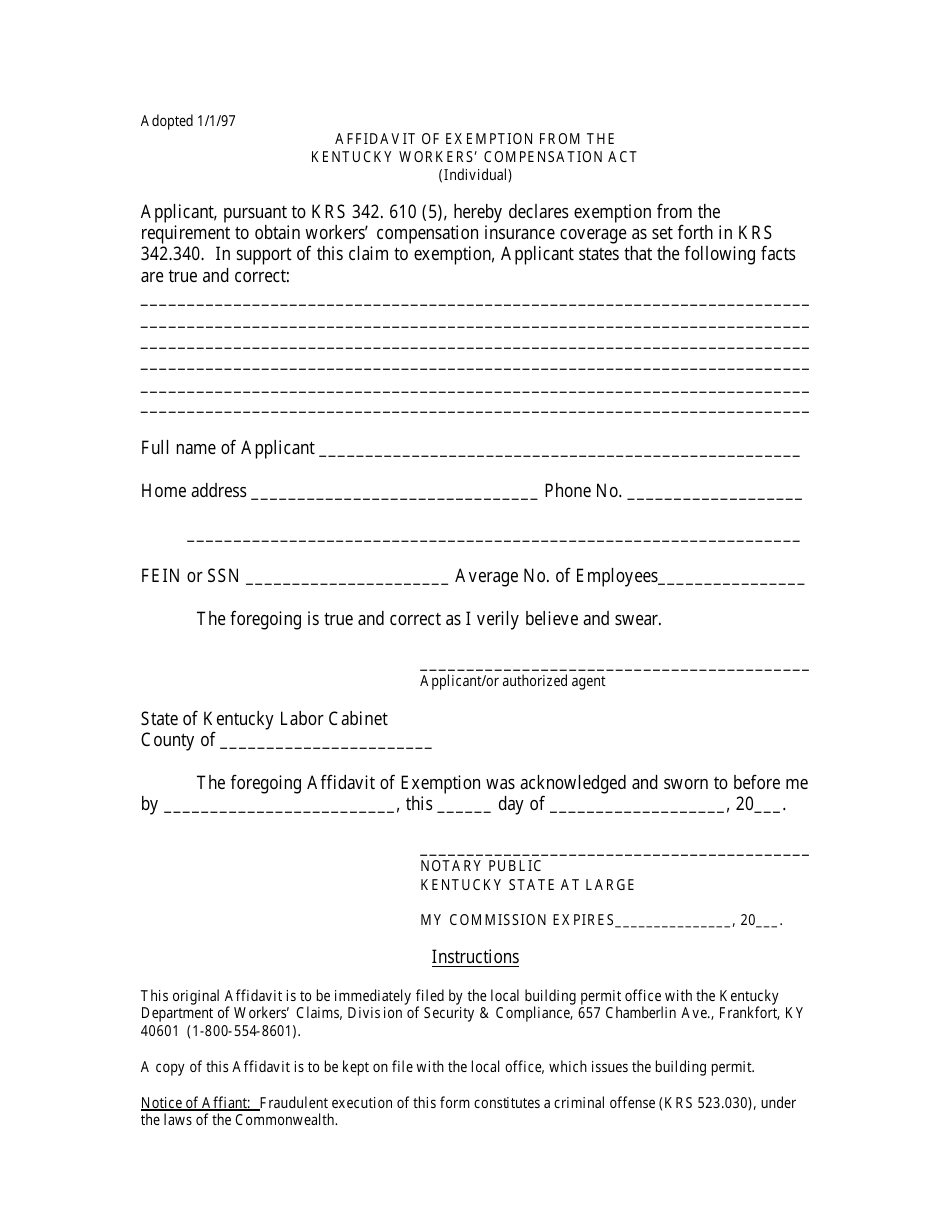 Affidavit of Exemption From the Kentucky Workers' Compensation Act (Individual) - Kentucky, Page 1
