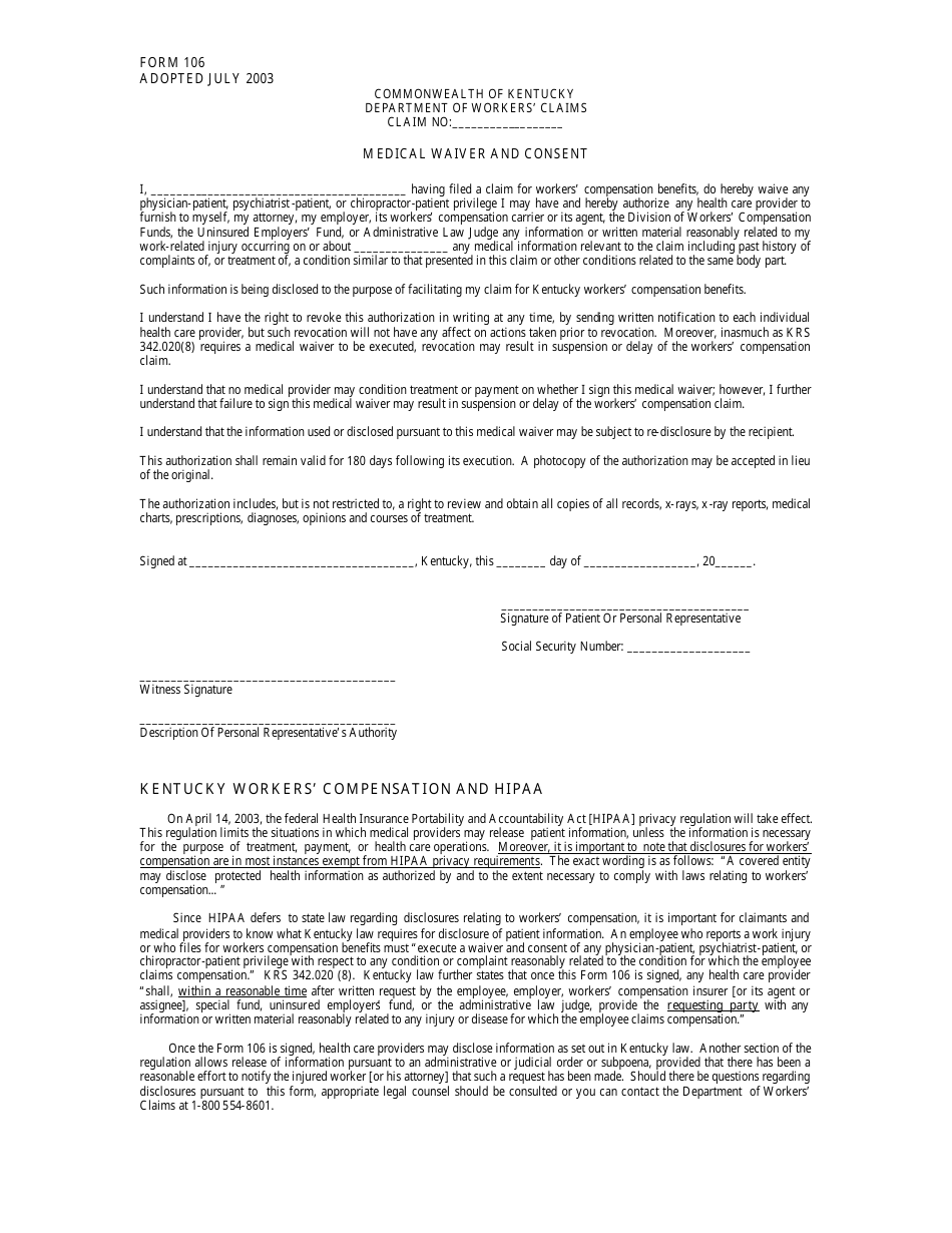 Form 106 Medical Waiver and Consent - Kentucky, Page 1