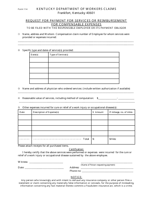 Form 114 Request for Payment for Services or Reimbursement for Compensable Expenses - Kentucky