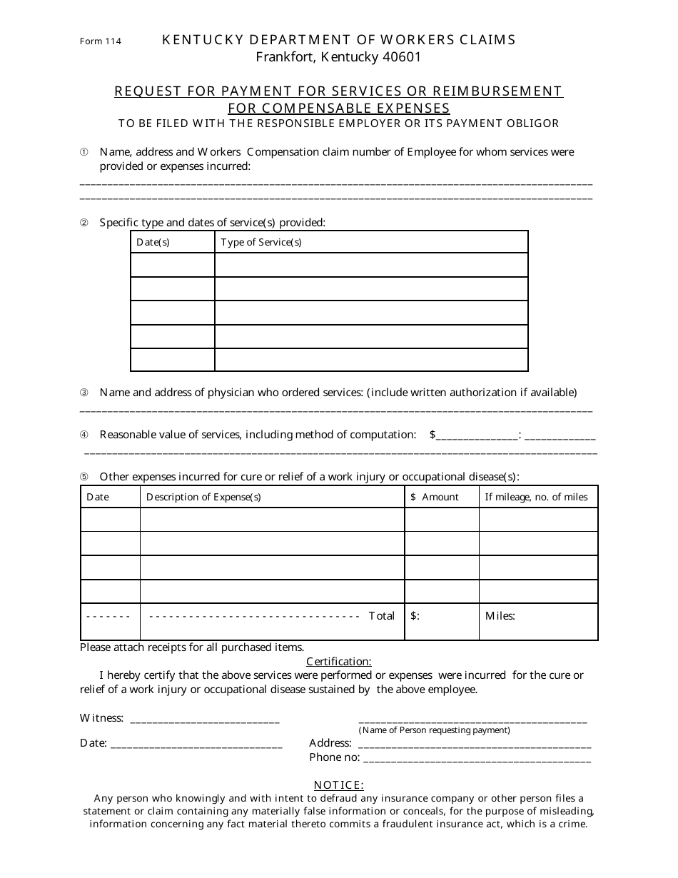 Form 114 Request for Payment for Services or Reimbursement for Compensable Expenses - Kentucky, Page 1