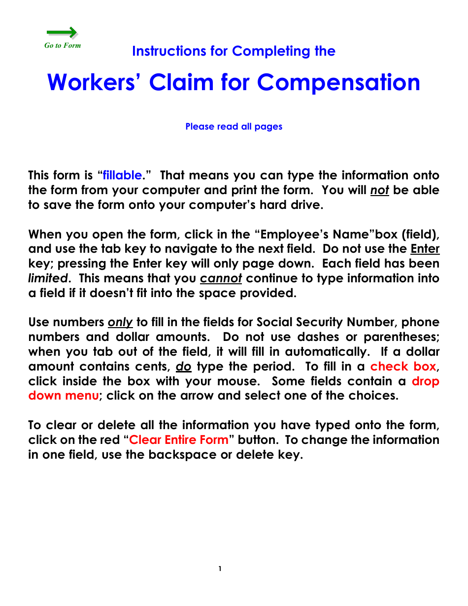Form WC15 Workers' Claim for Compensation - Colorado, Page 1