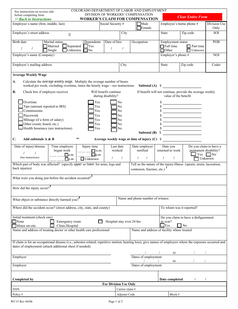 Form Wc15 Fill Out Sign Online And Download Fillable Pdf Colorado Templateroller 2366