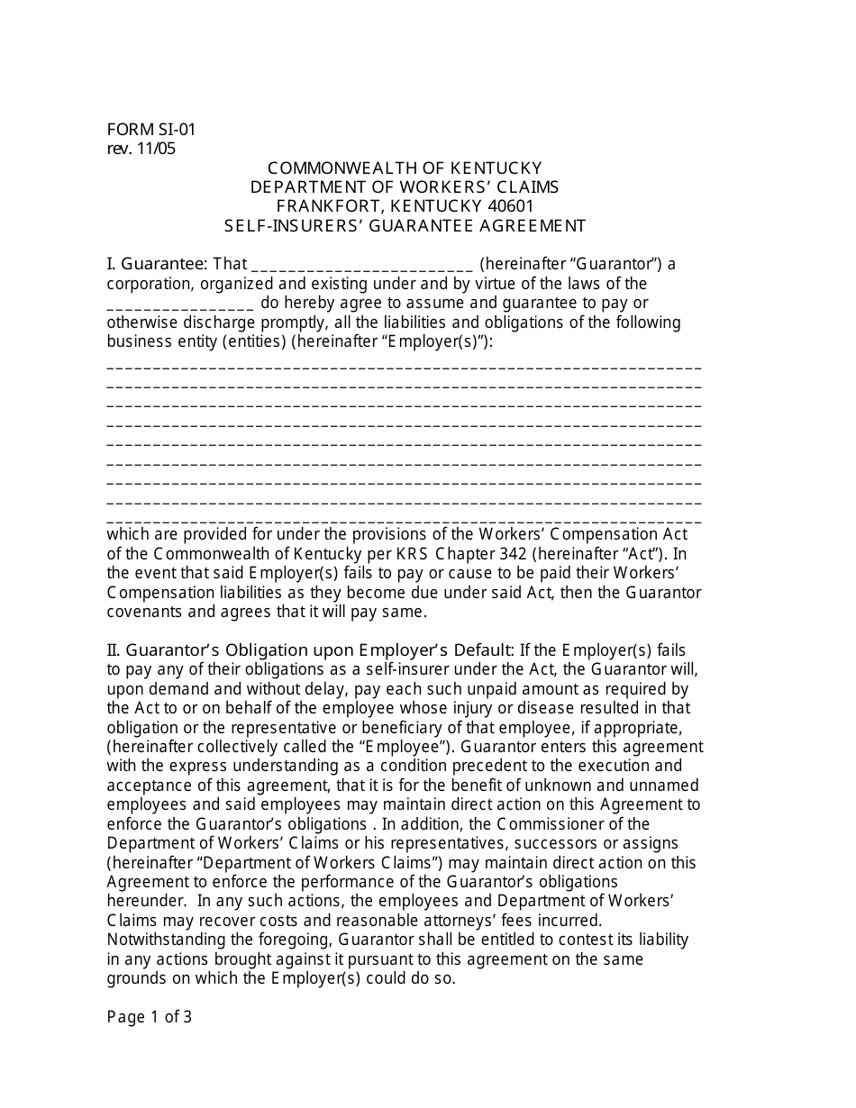 Form SI-01 Self-insurers Guarantee Agreement - Kentucky, Page 1