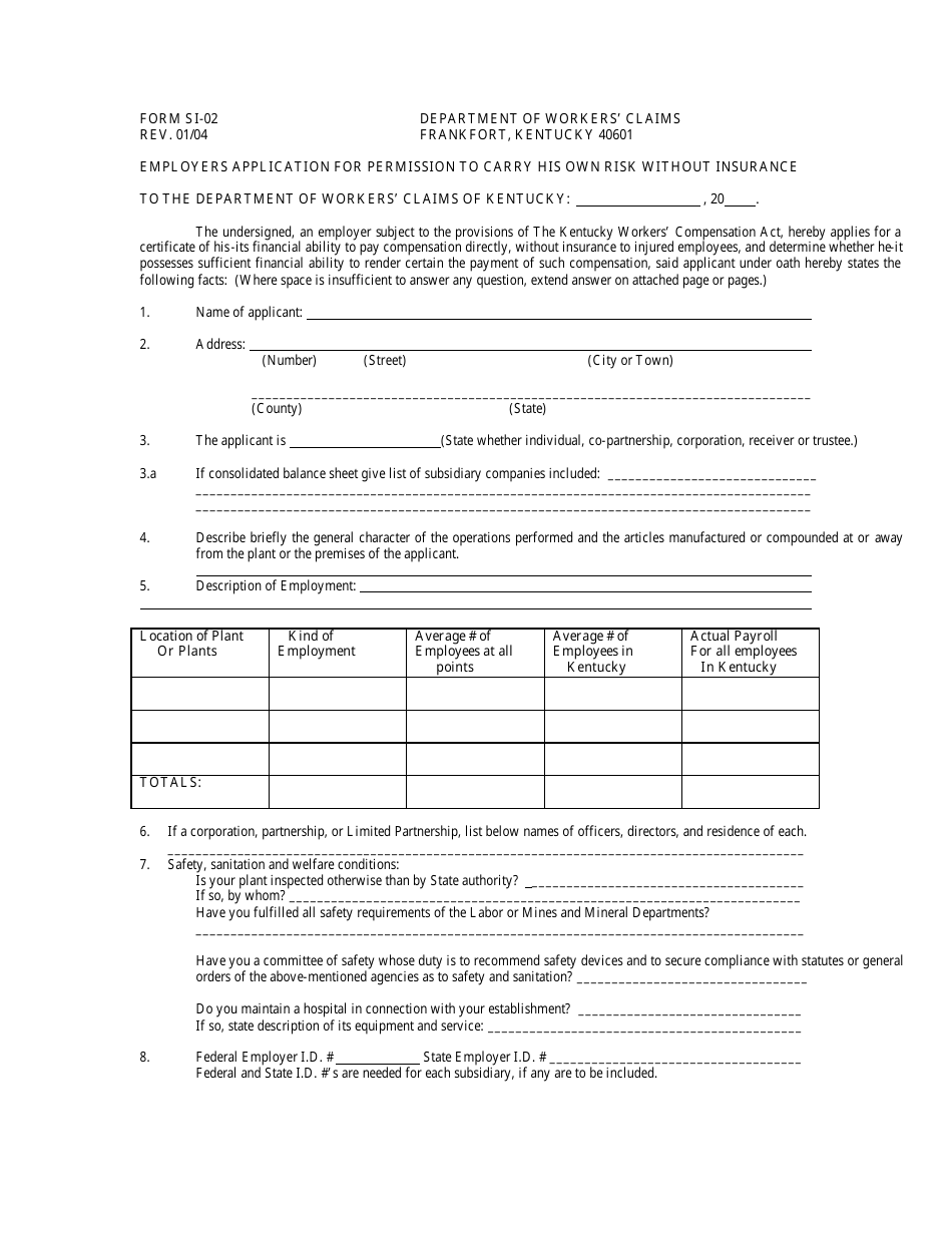 Form SI-02 Employers Application for Permission to Carry His Own Risk Without Insurance - Kentucky, Page 1