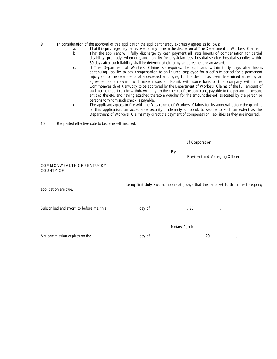 Form SI-02 Employers Application for Permission to Carry His Own Risk Without Insurance - Kentucky, Page 2