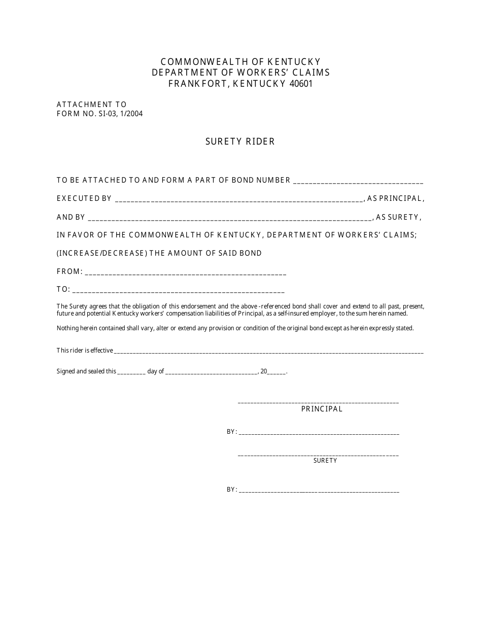 Form SI-03 Surety Rider - Kentucky, Page 1
