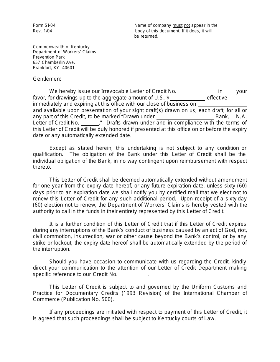 Form SI-04 Letter of Credit - Kentucky, Page 1