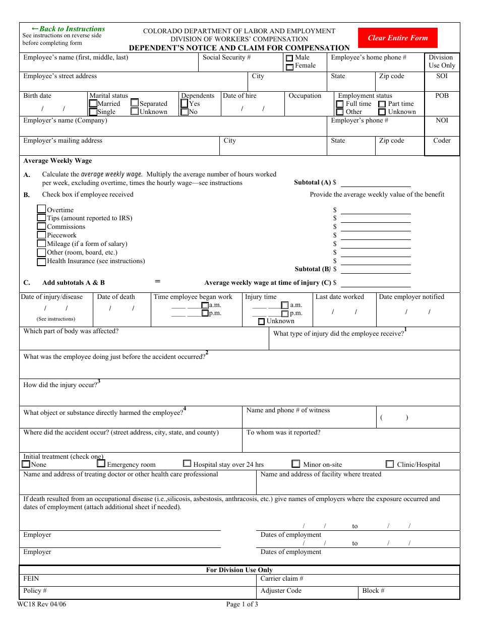 Form WC18 Dependents Notice and Claim for Compensation - Colorado, Page 4