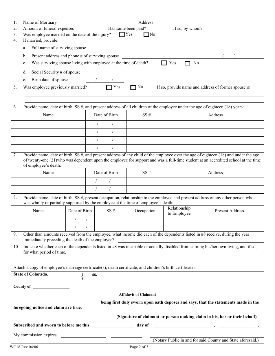 Form WC18 Dependents Notice and Claim for Compensation - Colorado, Page 5