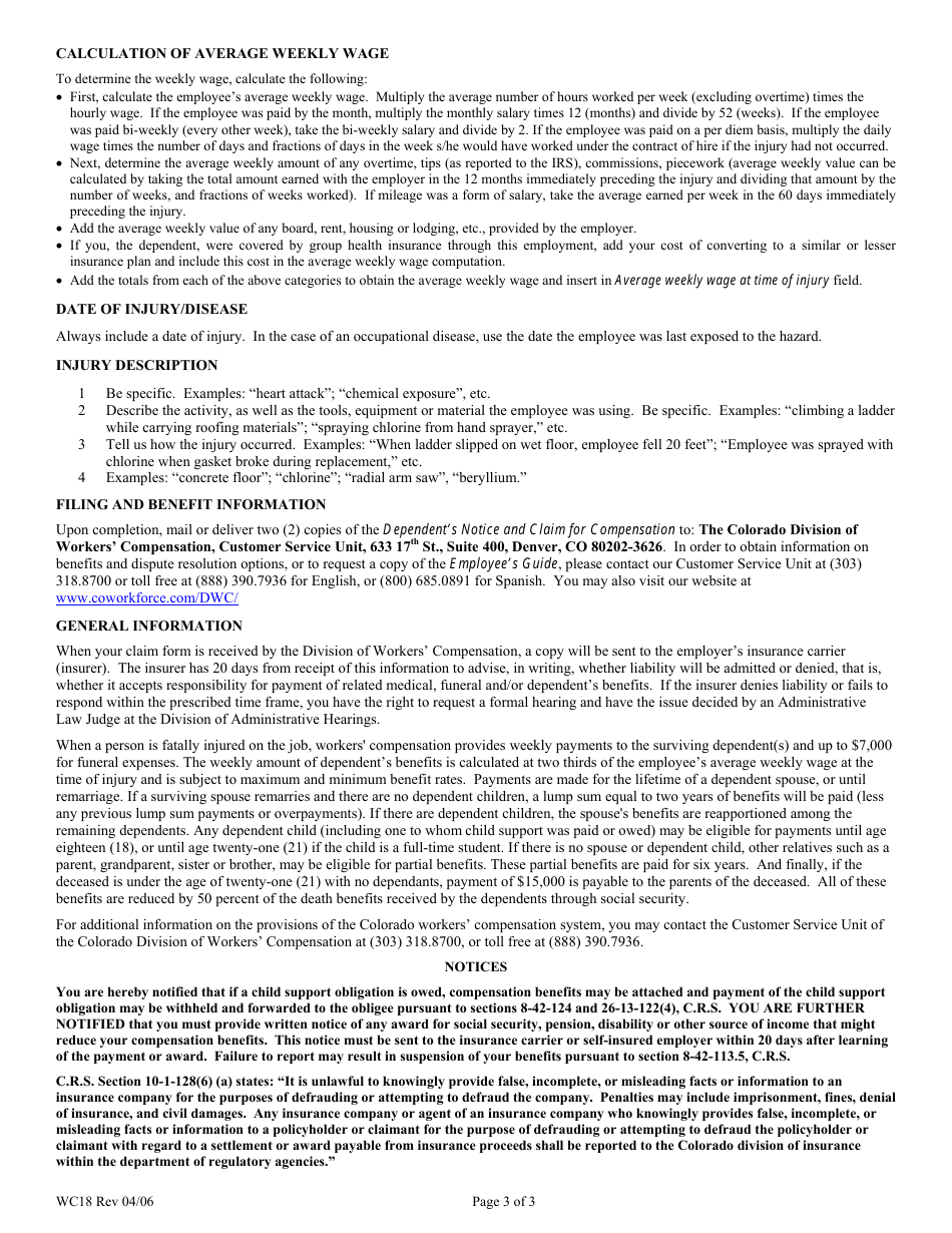 Form WC18 Dependents Notice and Claim for Compensation - Colorado, Page 6