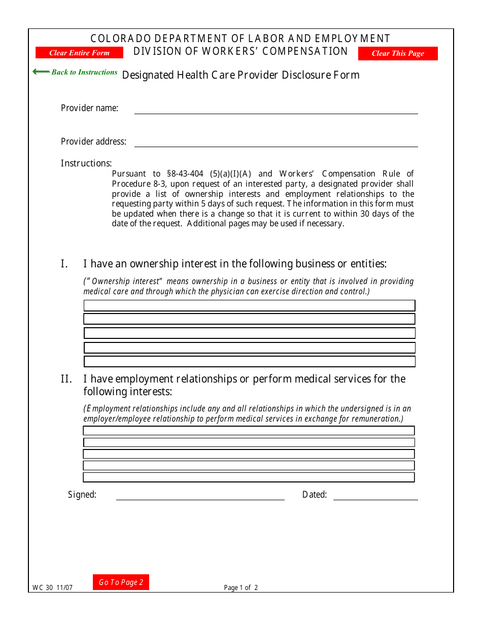 Form WC30 Designated Health Care Provider Disclosure Form - Colorado, Page 3