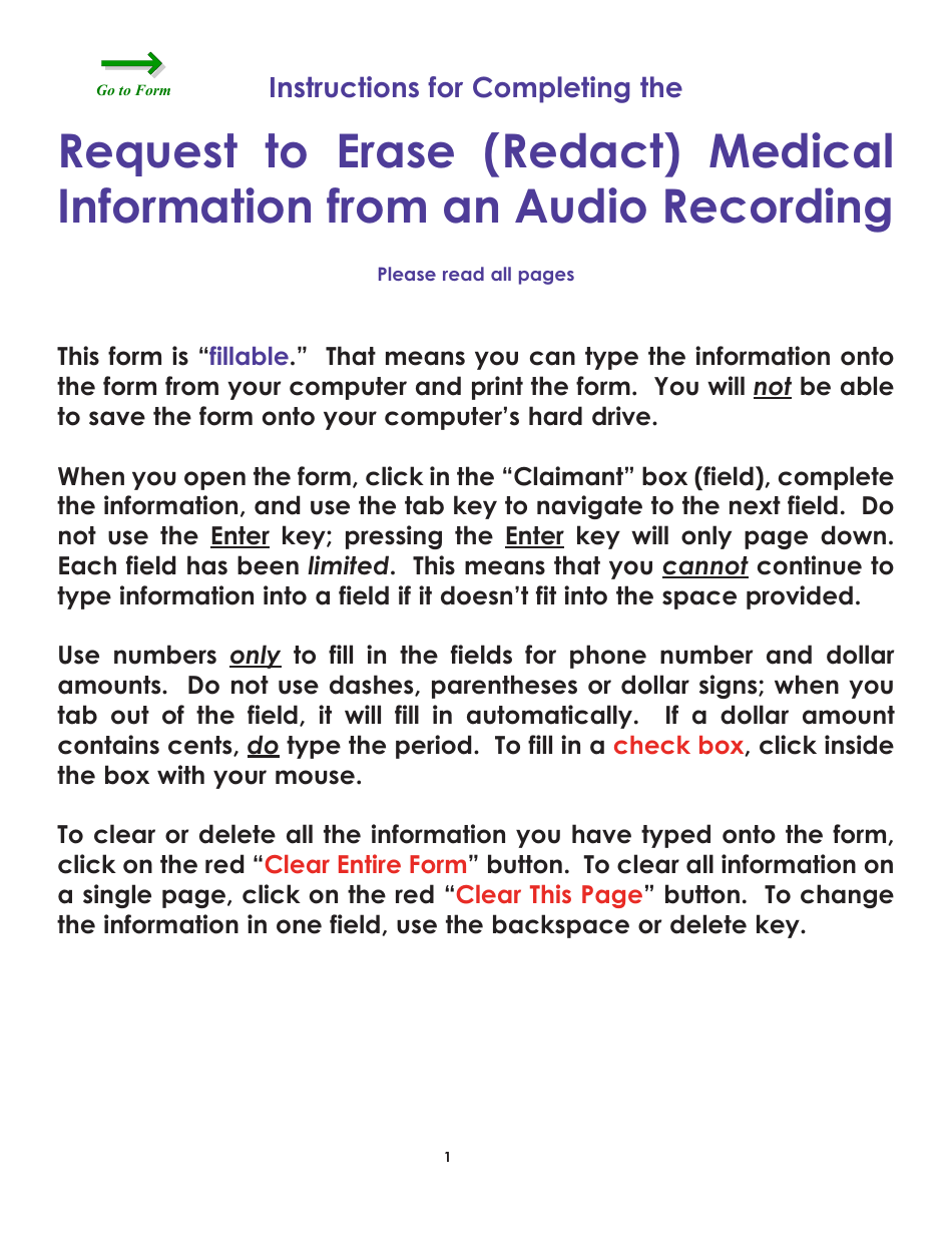 Form WC34 Request to Erase (Redact) Medical Information From an Audio Recording - Colorado, Page 1