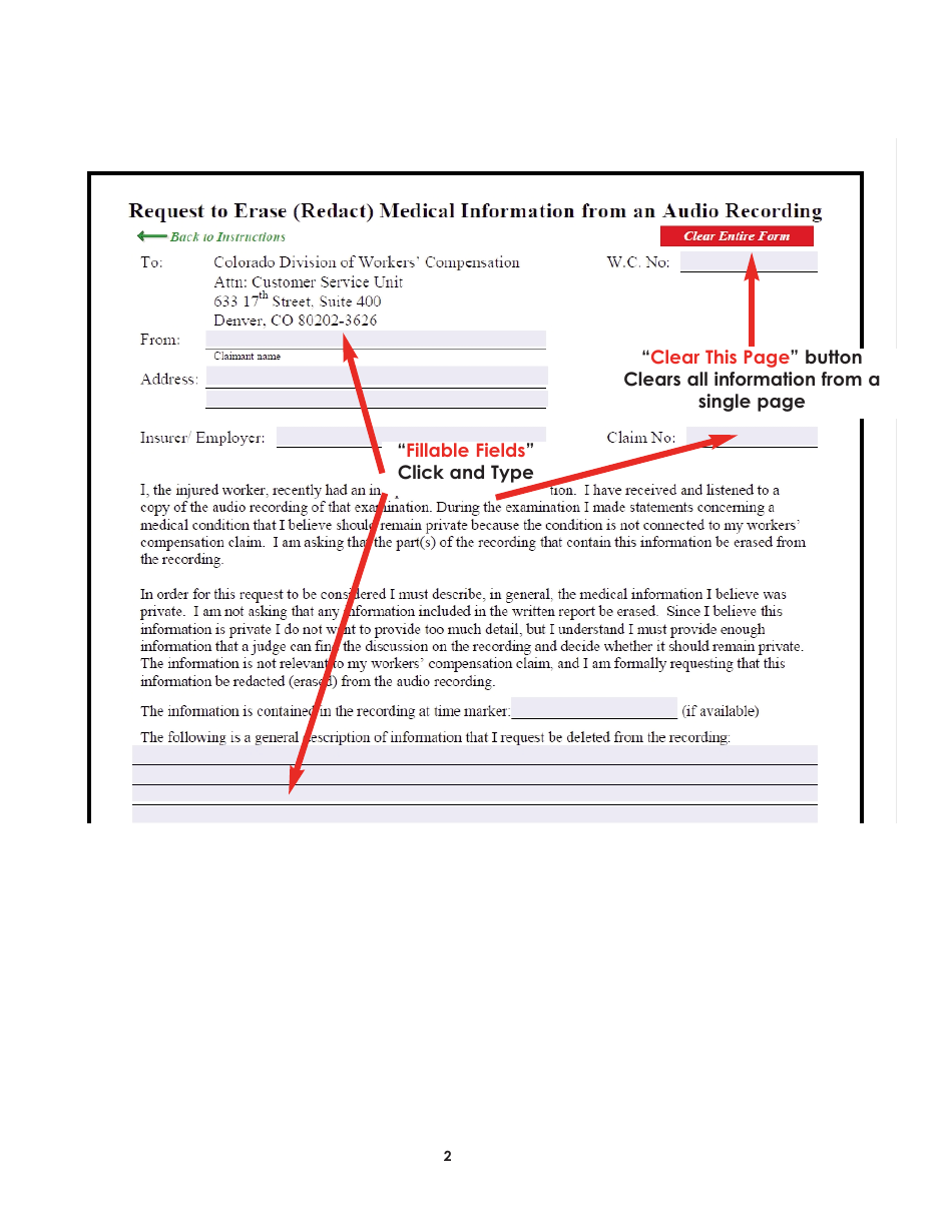 Form WC34 Request to Erase (Redact) Medical Information From an Audio Recording - Colorado, Page 2