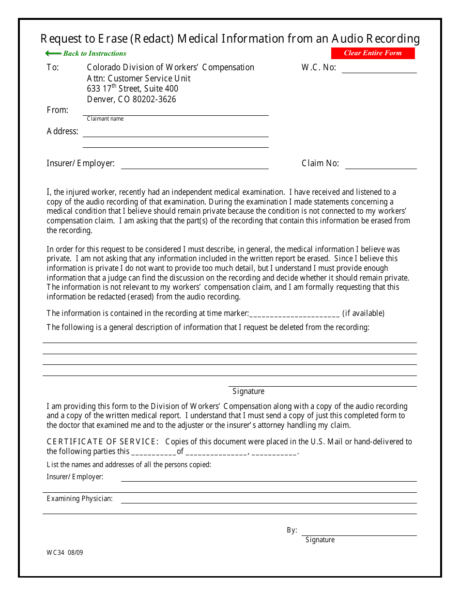 Form WC34 Request to Erase (Redact) Medical Information From an Audio Recording - Colorado, Page 3