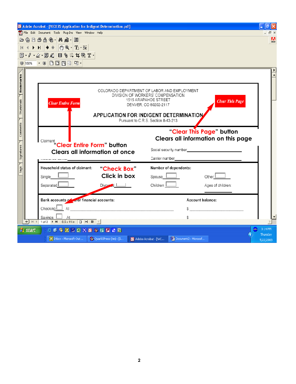 Form WC35 Application for Indigent Determination (Hearing Transcript) - Colorado, Page 2