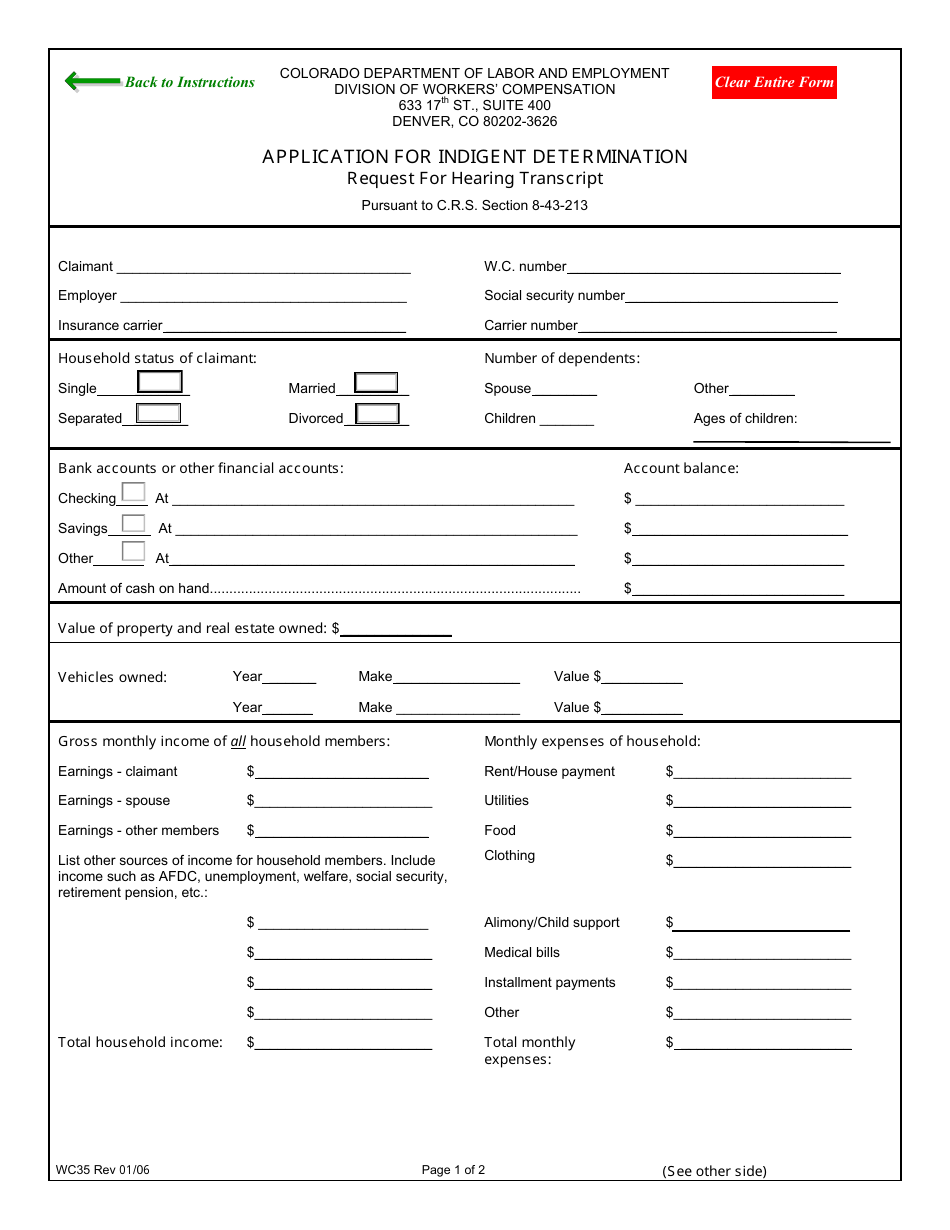 Form WC35 Application for Indigent Determination (Hearing Transcript) - Colorado, Page 3