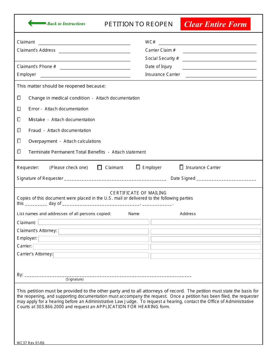 Form WC37 Petition to Reopen - Colorado, Page 4